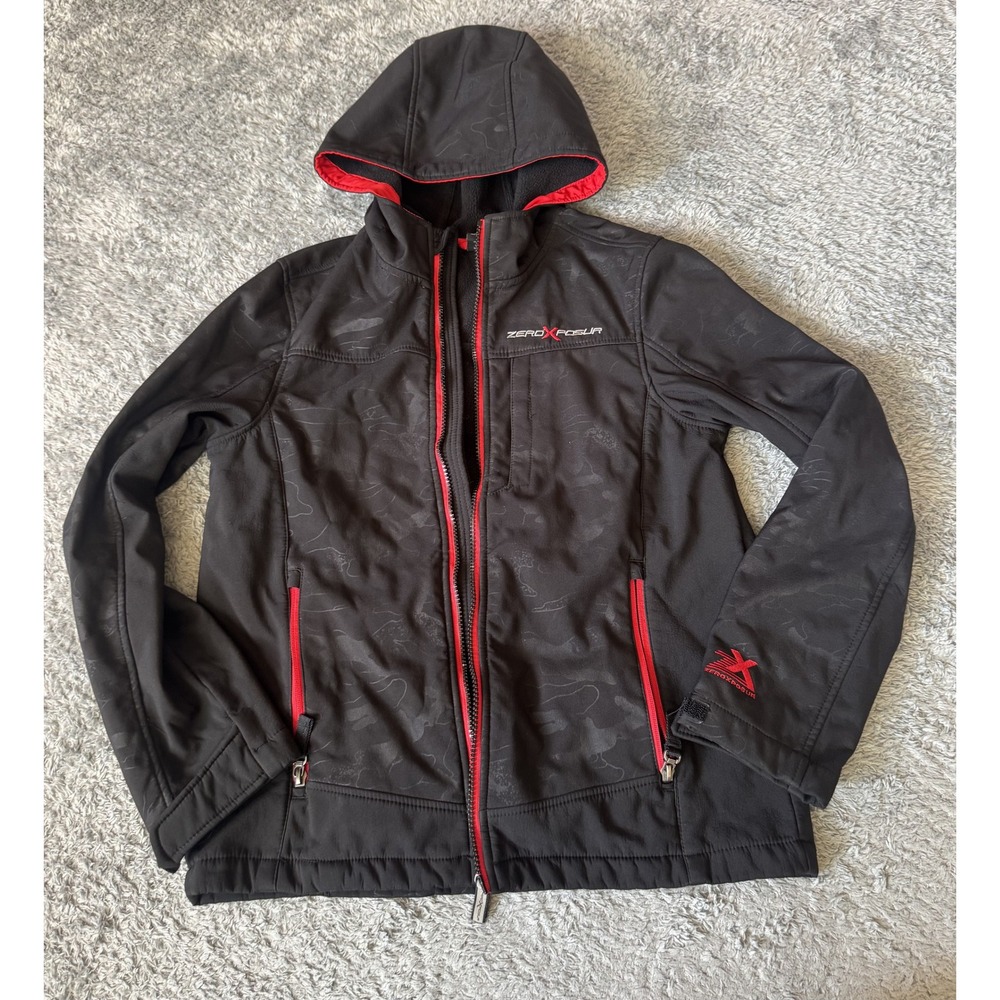 ZeroXposur Boys Camo Softshell Jacket L 14/16 Black Red Fleece Lined Hooded